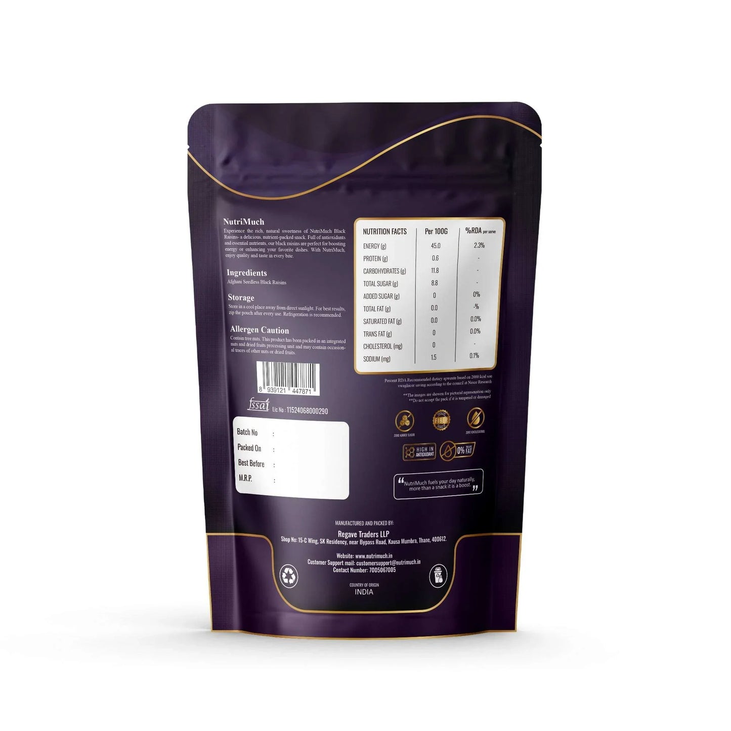 Nutrimuch Premium Black Afghan Raisins 250gm | Seedless Kishmish | Natural & Sweet - NutriMuch