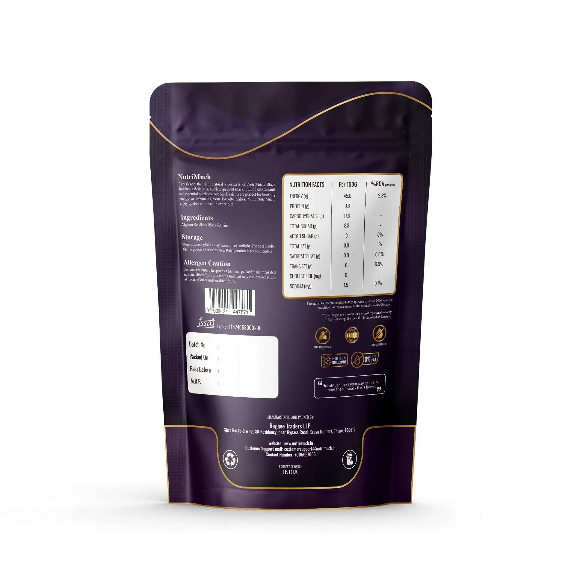 Nutrimuch Premium Black Afghan Raisins 250gm | Seedless Kishmish | Natural & Sweet - NutriMuch