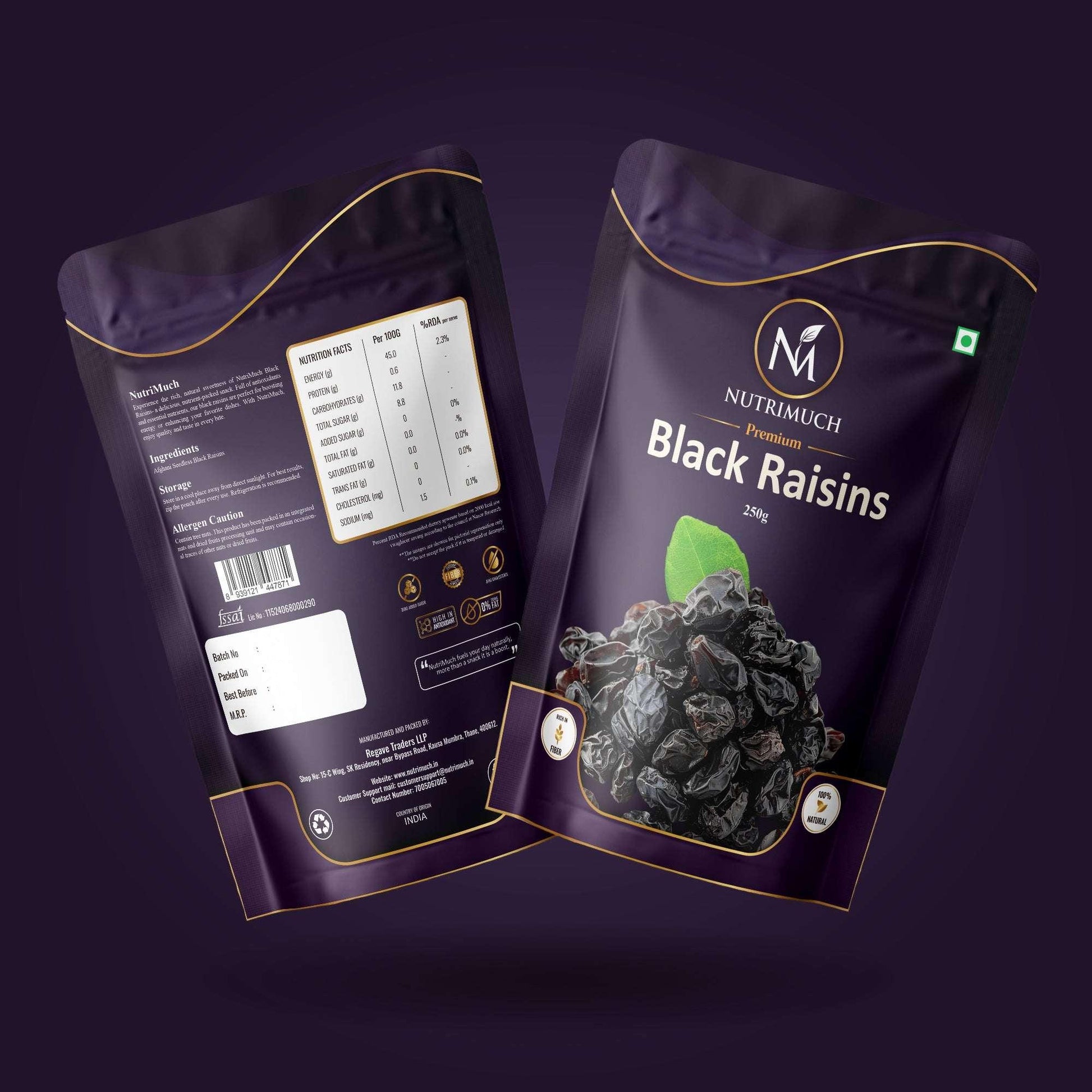 Nutrimuch Premium Black Afghan Raisins 250gm | Seedless Kishmish | Natural & Sweet - NutriMuch