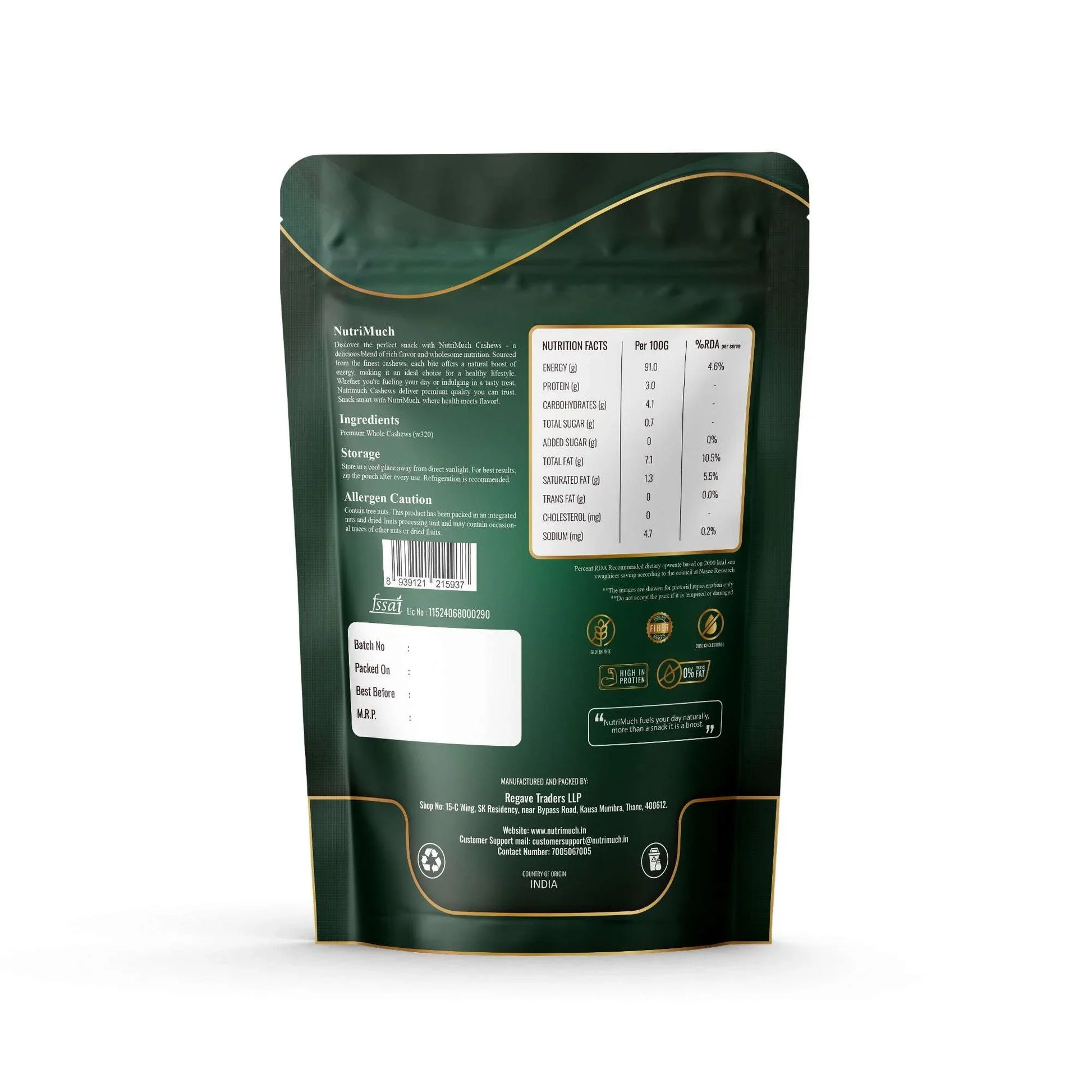 Nutrimuch Premium W320 Whole Cashew Nuts 250gm | Raw & Unroasted Kaju - NutriMuch