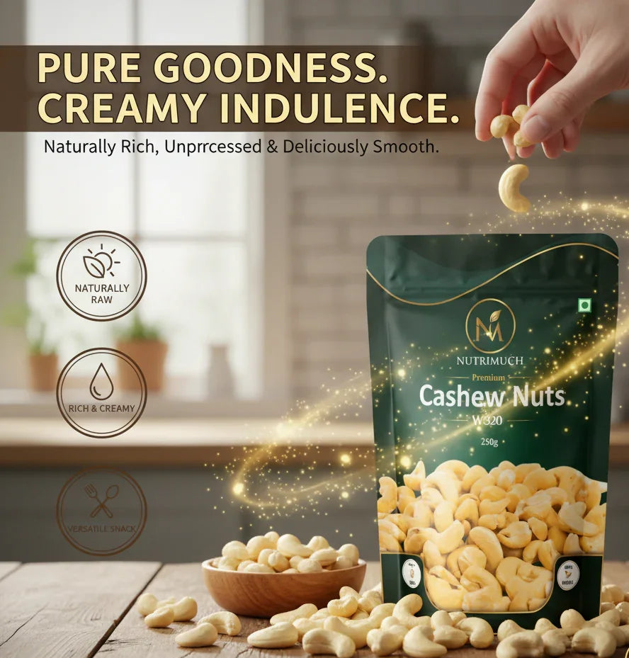 Nutrimuch Premium W320 Whole Cashew Nuts 250gm | Raw & Unroasted Kaju - NutriMuch