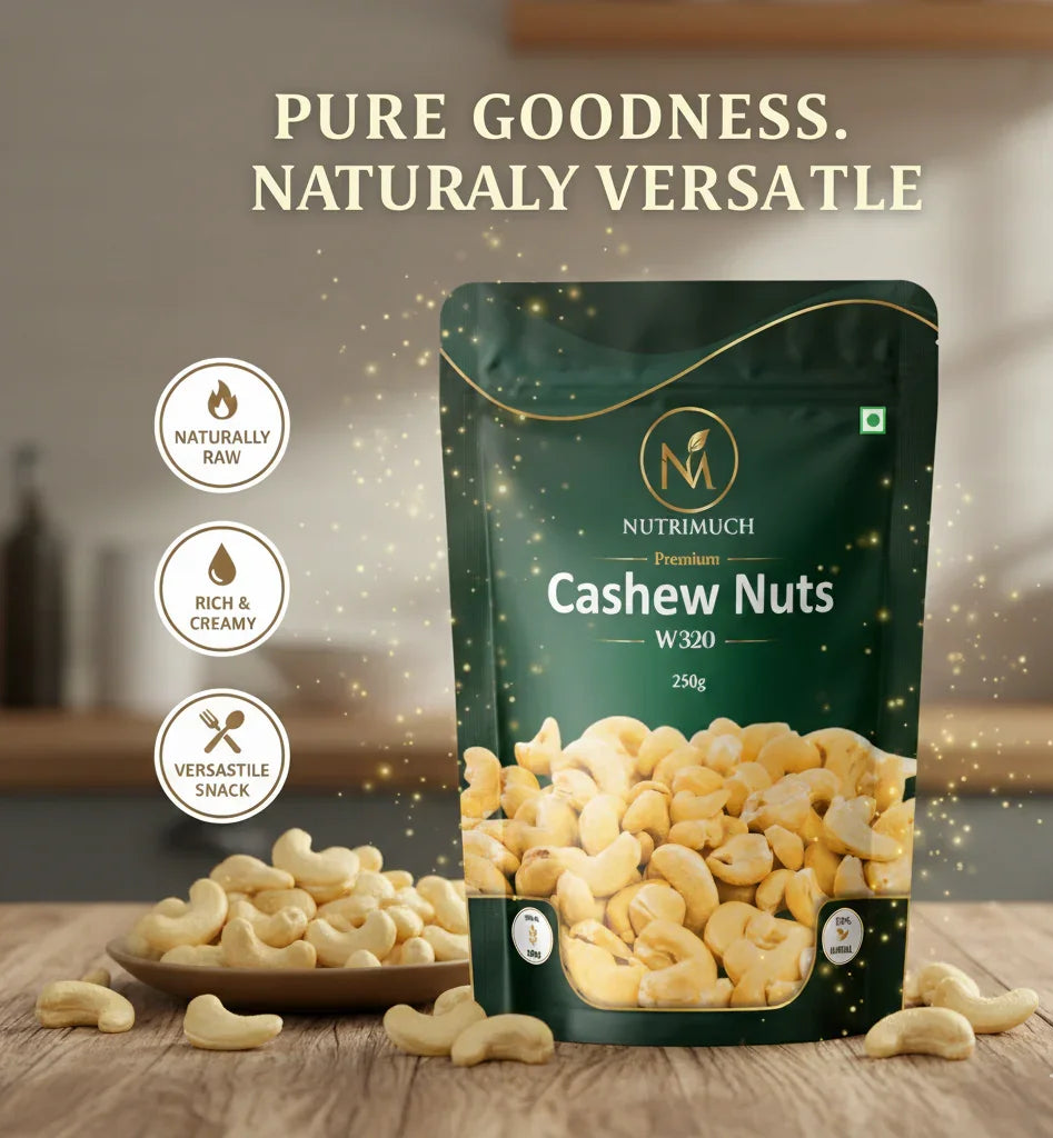 Nutrimuch Premium W320 Whole Cashew Nuts 250gm | Raw & Unroasted Kaju - NutriMuch