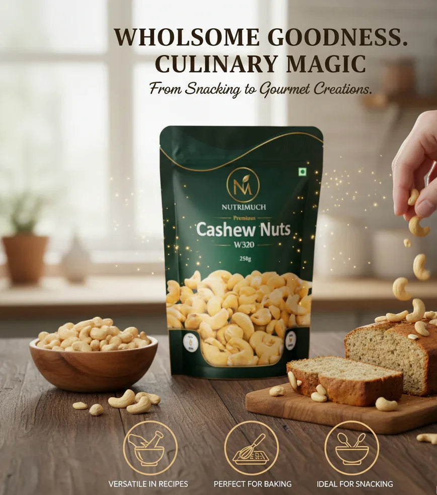 Nutrimuch Premium W320 Whole Cashew Nuts 250gm | Raw & Unroasted Kaju - NutriMuch