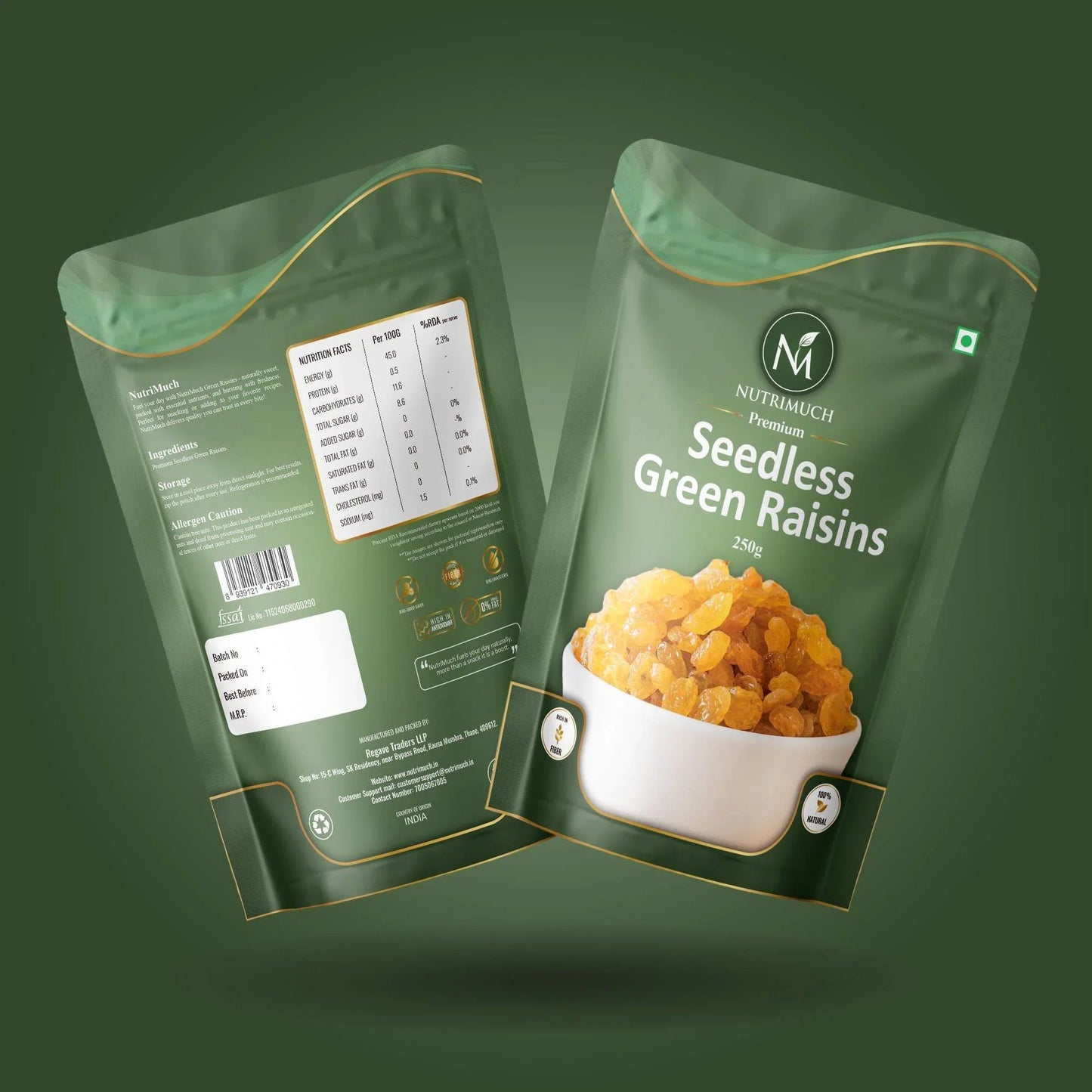 Nutrimuch Premium Green Raisins 250gm | Seedless Kishmish | Natural & Fresh - NutriMuch
